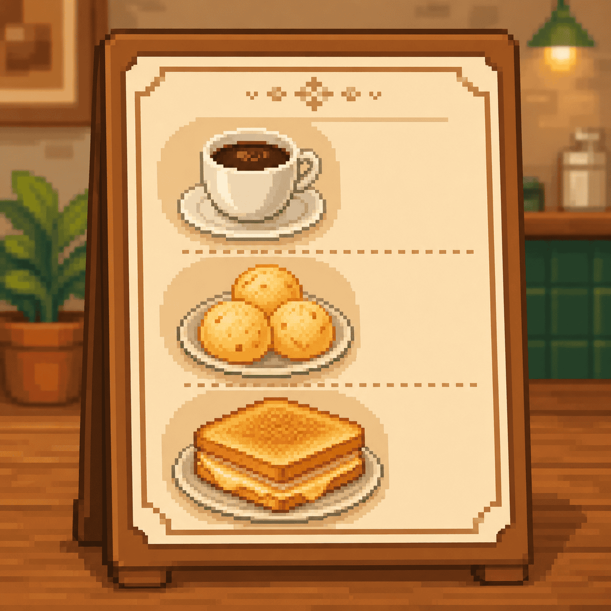 Pixel art menu board with simple food items, including coffee, pão de queijo, and a ham and cheese sandwich, for a beginner blog post about I want in Portuguese.