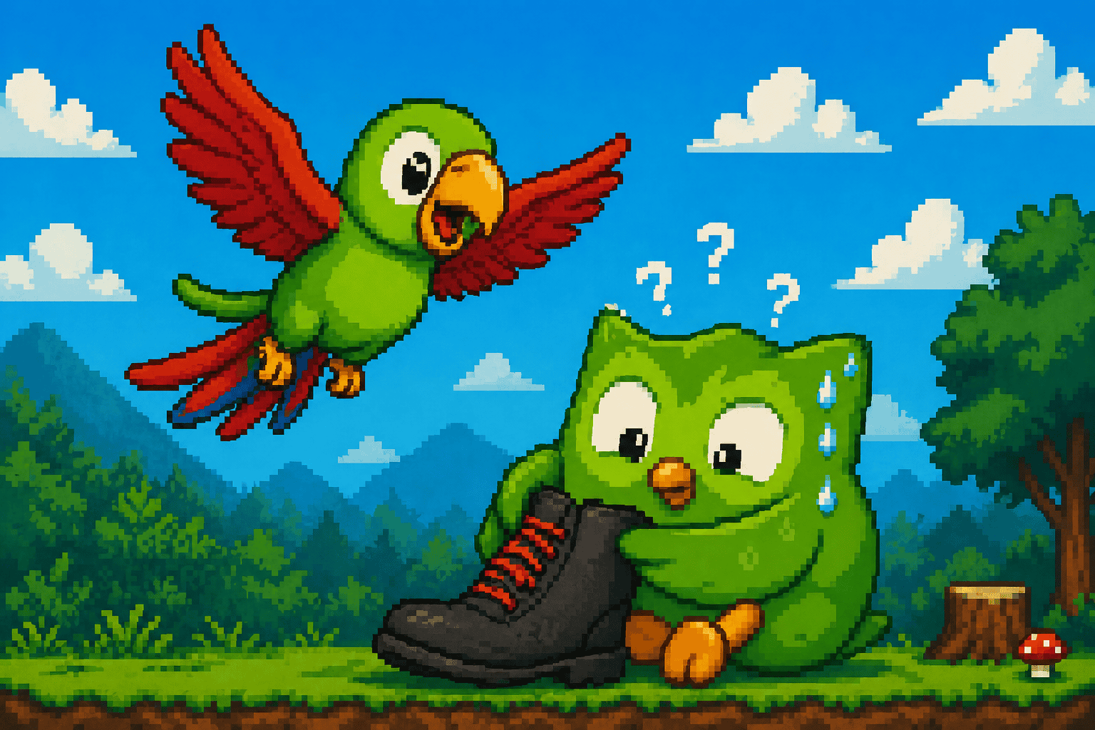 Real gamification illustrated in pixel art with a parrot flying over a confused owl interacting with a game-like challenge