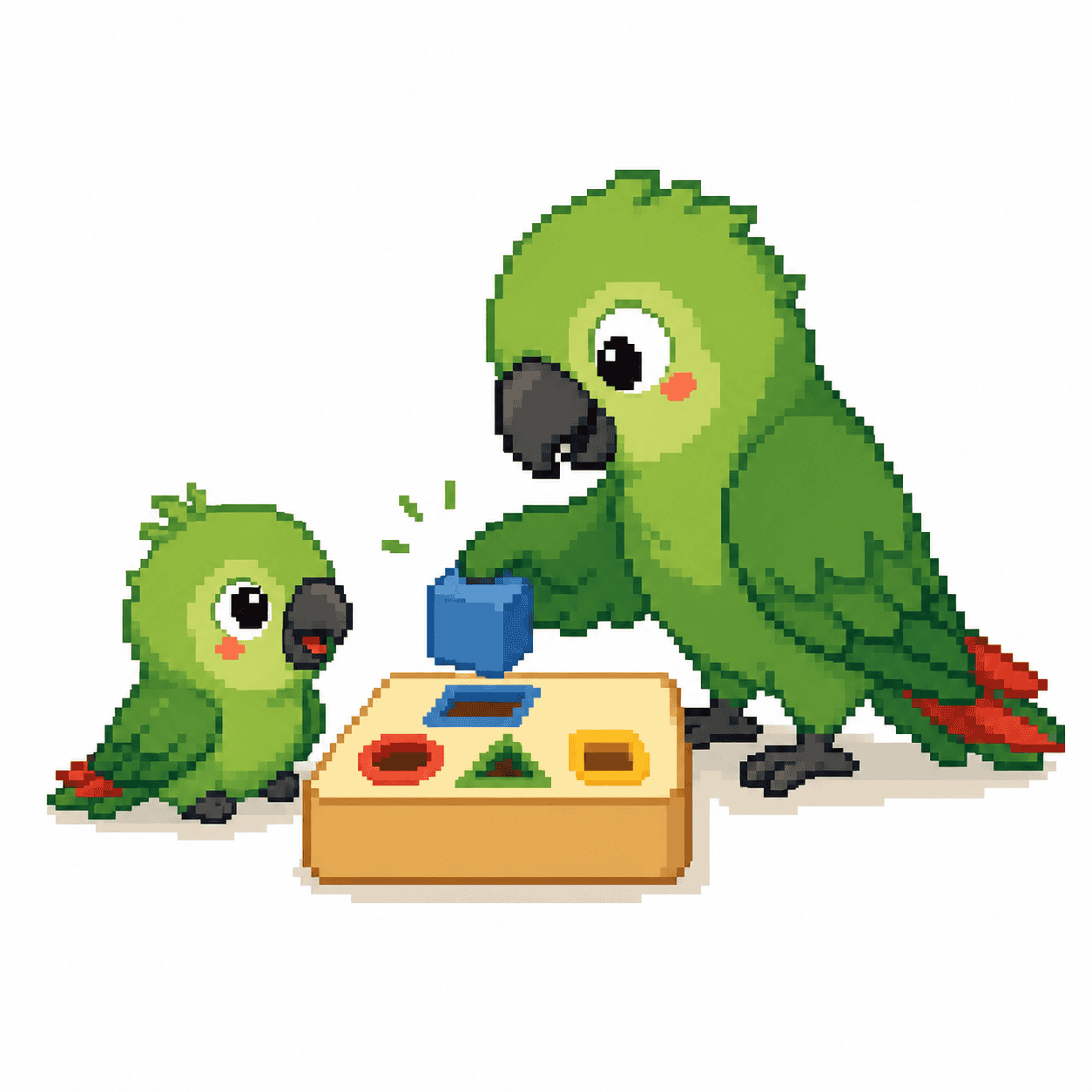 Pixel art of an adult green parrot teaching a baby parrot to place a square block into a shape-sorting toy.