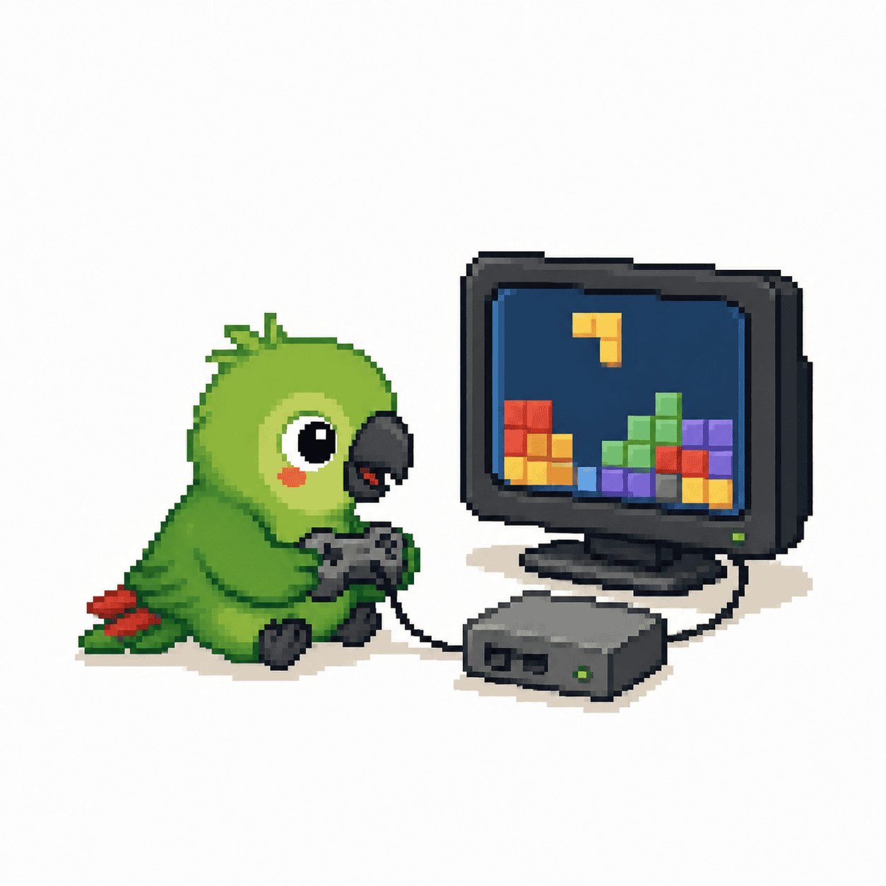 Pixel art of a baby green parrot playing a puzzle video game on a TV with a controller.