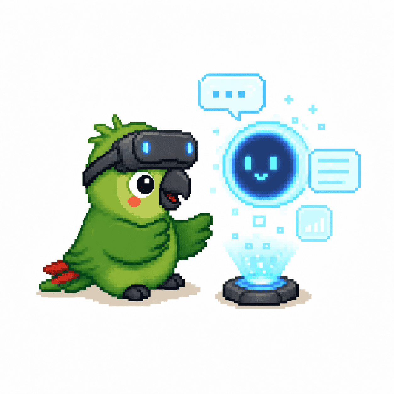 Pixel art of a cute green parrot wearing a VR headset and talking to a holographic AI assistant.