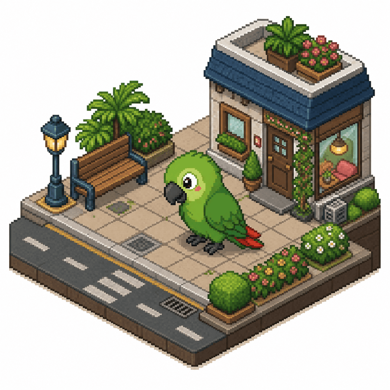 Pixel art of a green parrot inside a 2D grid-based game world with streets, tiles, plants, and a small building.