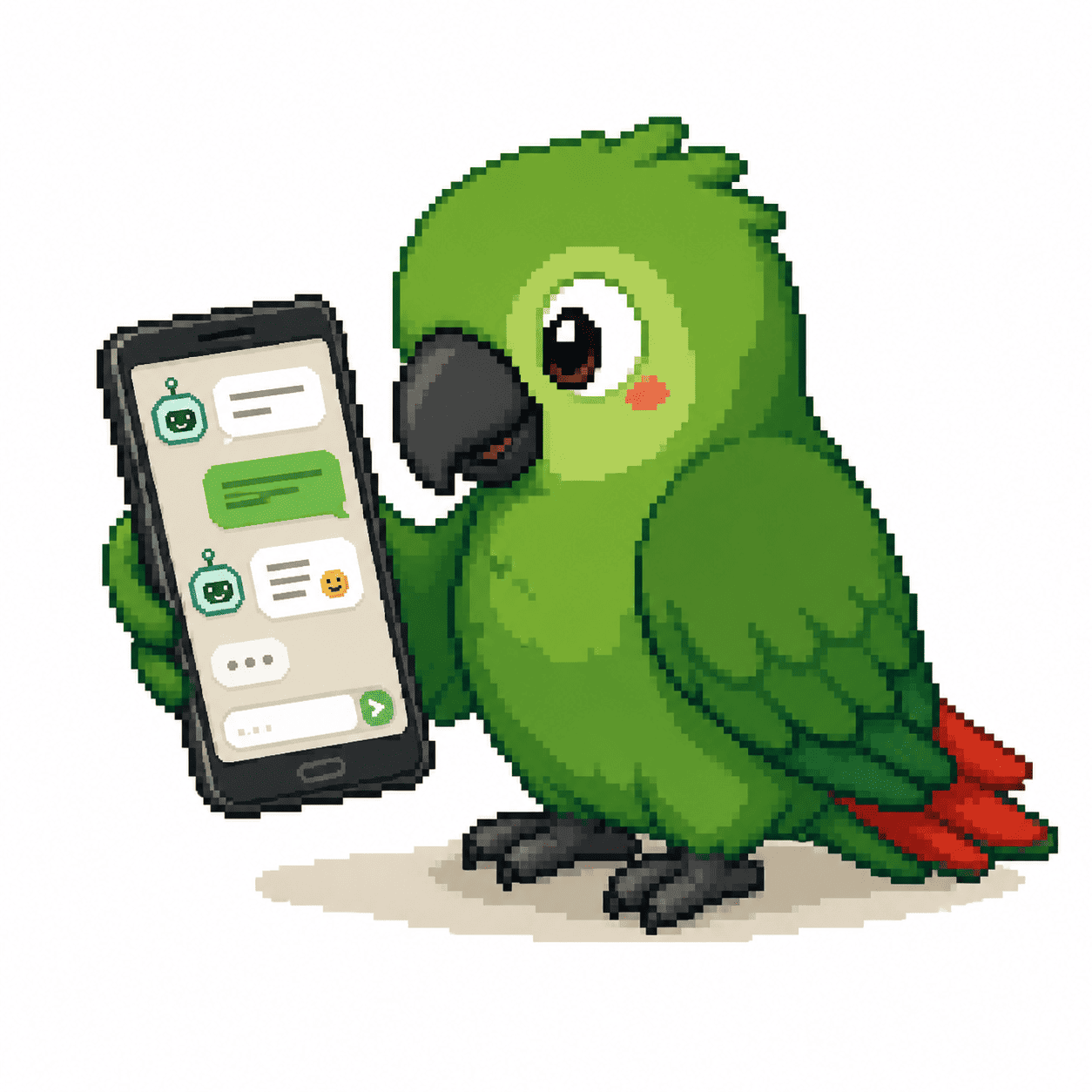 Pixel art of a green parrot holding a smartphone with its wing while using a chatbot on the screen.