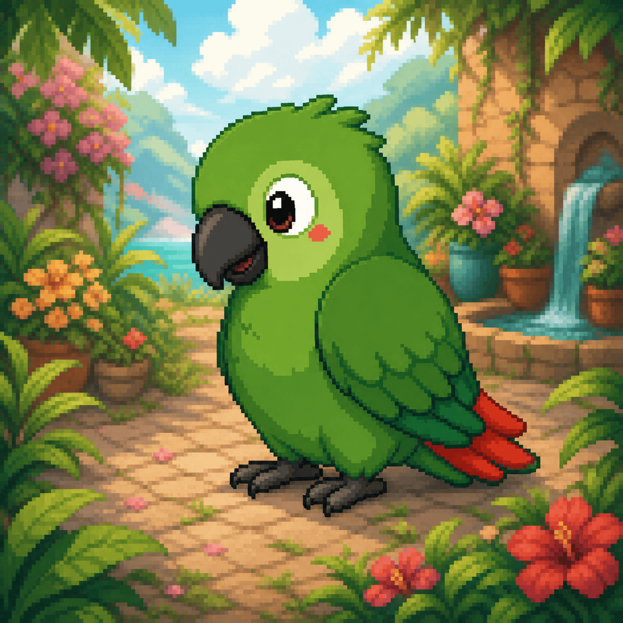 Pixel art of a cute green parrot standing in a colorful tropical garden with flowers, plants, and a small waterfall.